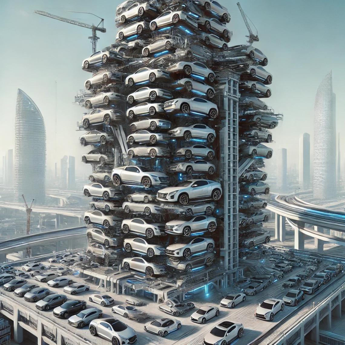 DALL·E 2025-07-08 18.56.39 - A futuristic cityscape showing an extremely tall skyscraper constructed from a massive number of modern cars. The cars are stacked densely and uniform-1.jpg